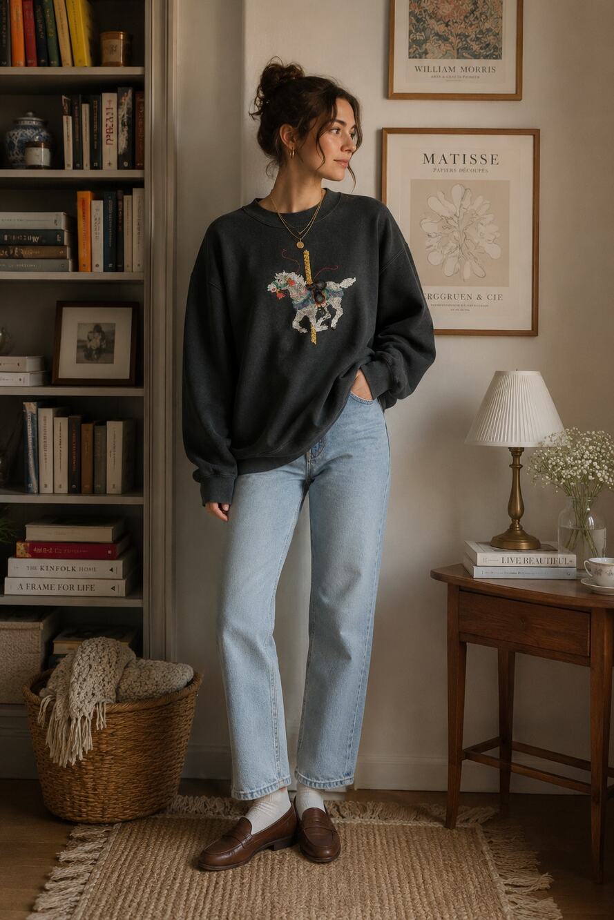 Vintage Grey Carousel Horse Embroidered Sweatshirt Womens L 90s Holiday Grandma